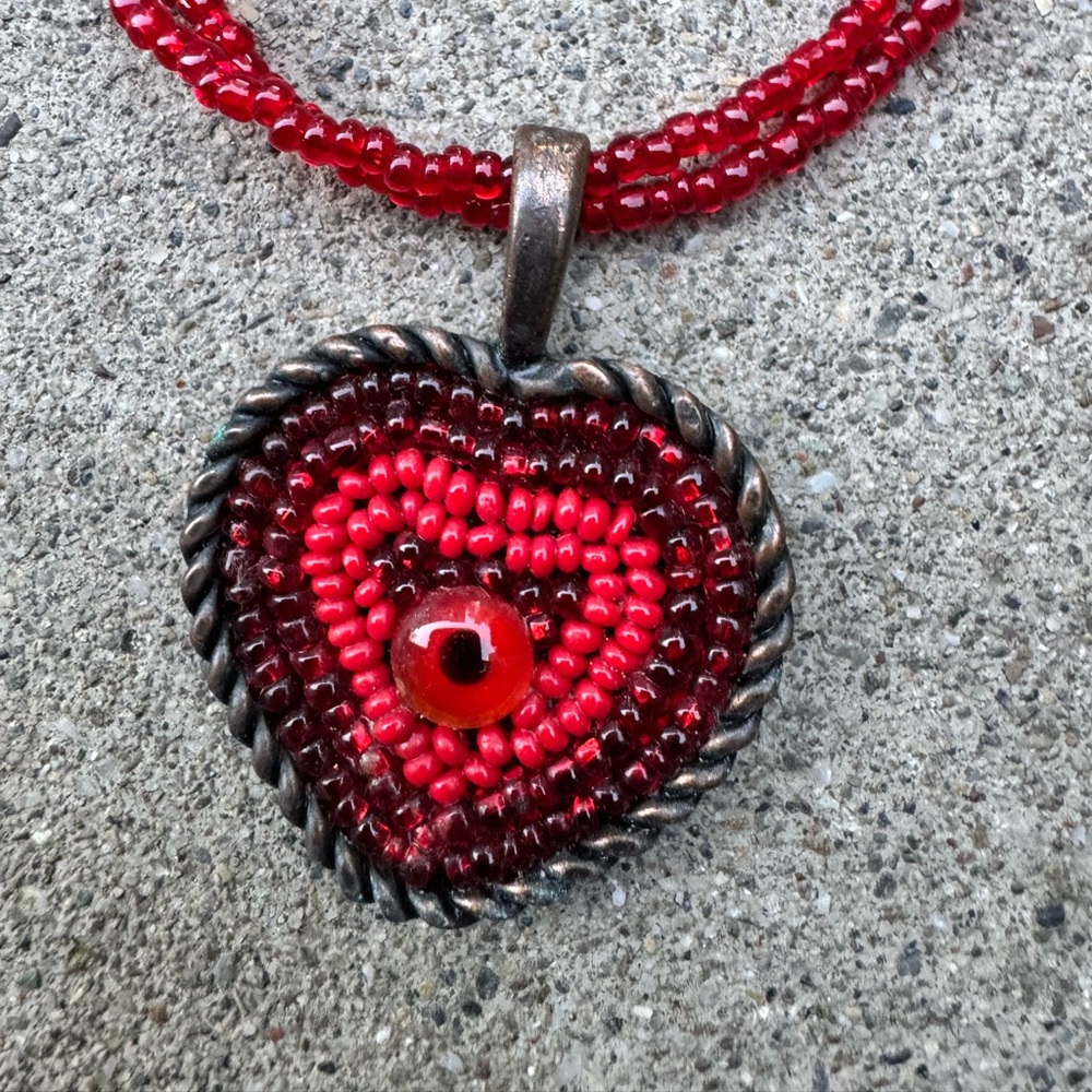 Beaded evil eye necklace in red beading